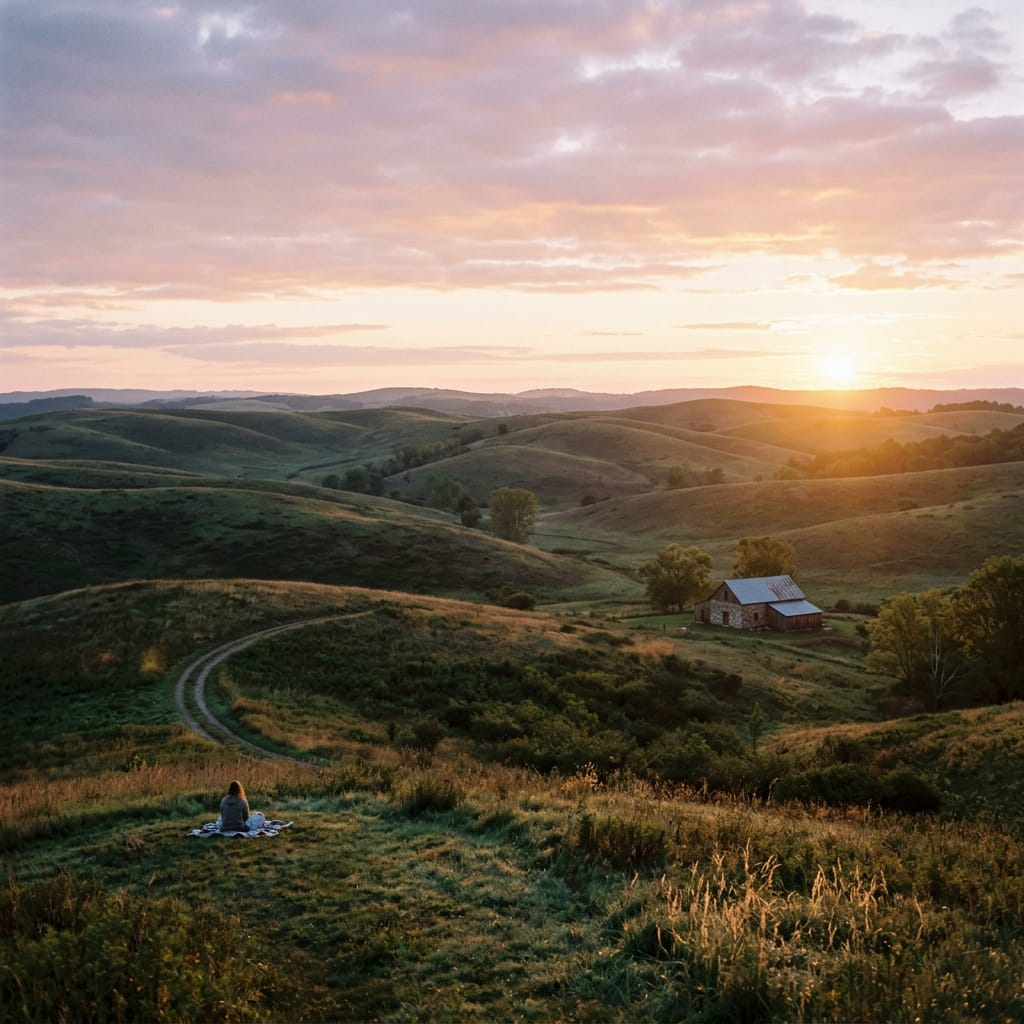 Person seated in a meadow overlooking rolling hills and a farmhouse at sunset